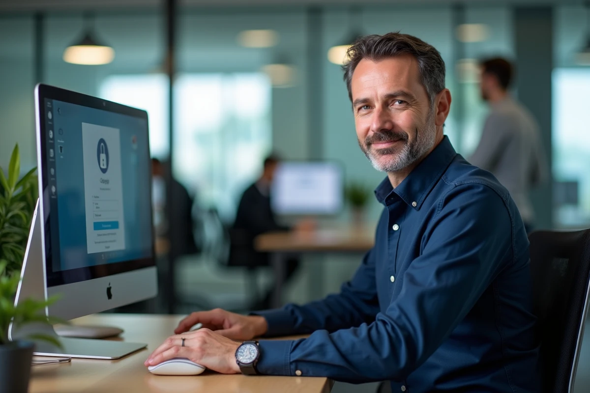 Homme accédant à ses documents Arkevia depuis un poste de travail en open space professionnel
