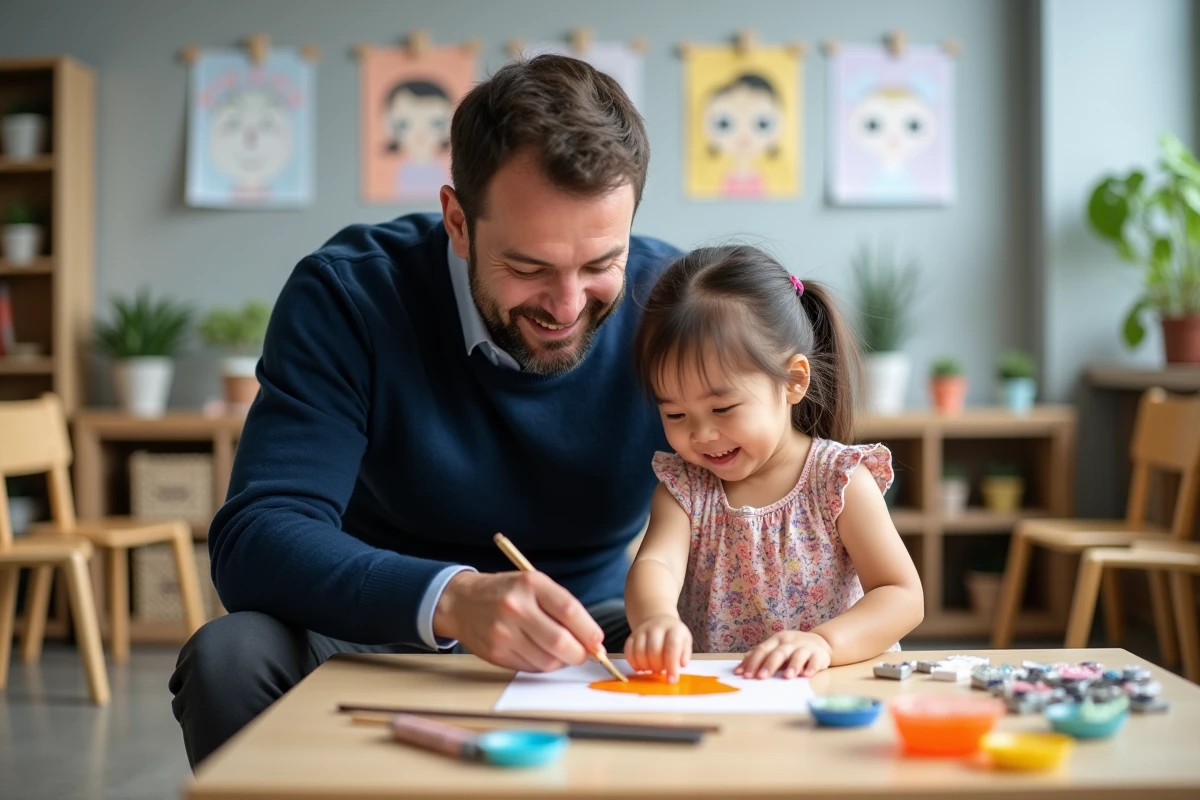 Éducateur accompagnant une fillette dans une activité de peinture aux doigts dans une salle de classe maternelle