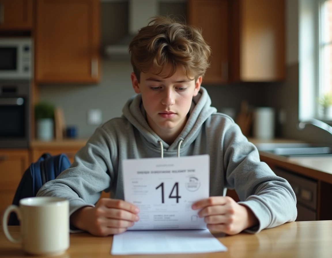 Adolescent regardant son bulletin scolaire avec une note de 14 sur 20 dans une cuisine moderne, air pensif