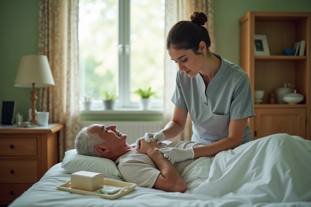 Aide-soignante à domicile appliquant un pansement médical sur l'escarre du dos d'un patient âgé