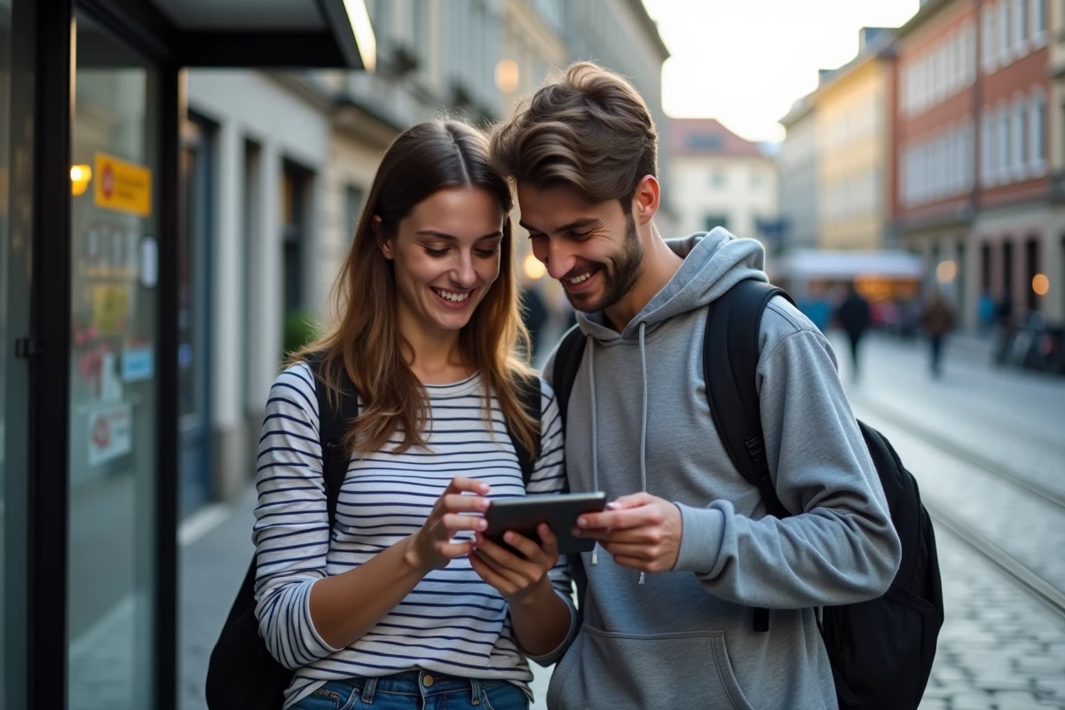 Deux amis consultant une application de transport en commun sur tablette dans une rue pavée européenne