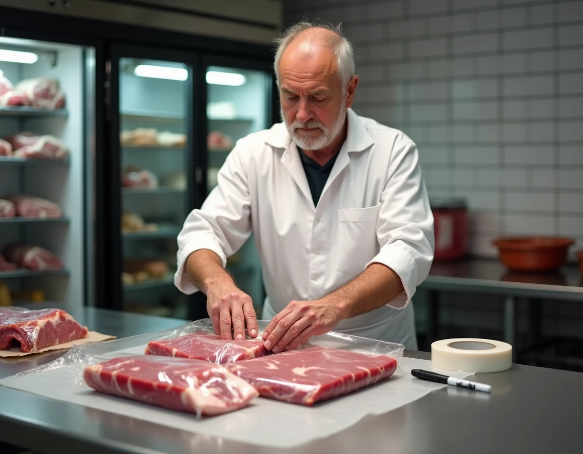 Boucher emballant des couilles de mouton pour la congélation dans une boucherie traditionnelle française