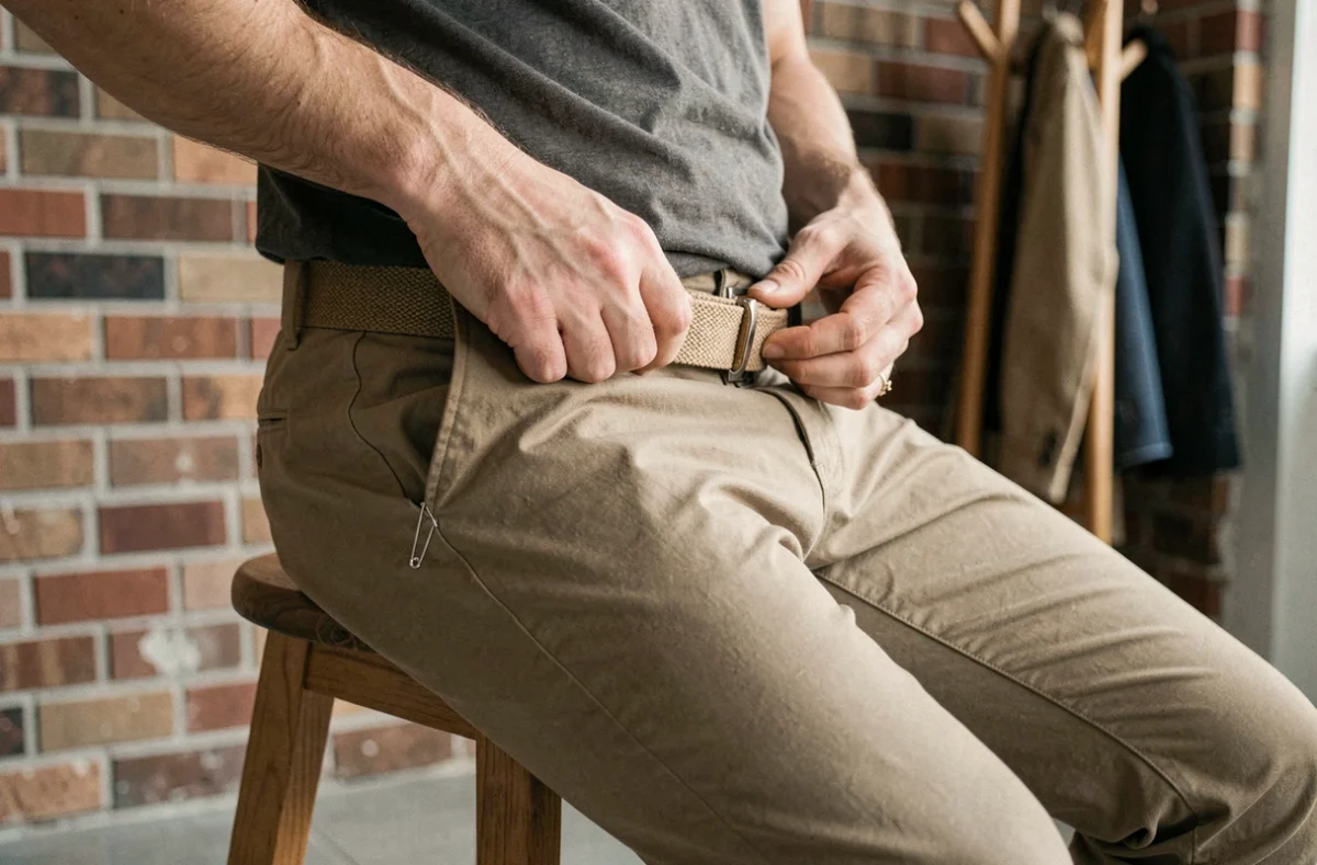 Homme fixant une ceinture sans passants avec une épingle de sûreté sur un chino en appartement