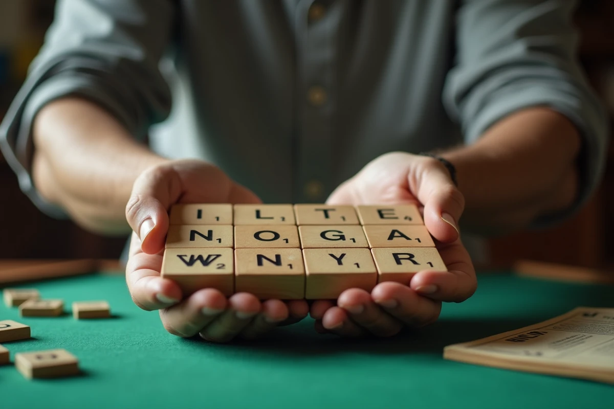 Gros plan sur un chevalet Scrabble en bois tenu par des mains masculines avec des tuiles de lettres dont les lettres I, N et G bien visibles