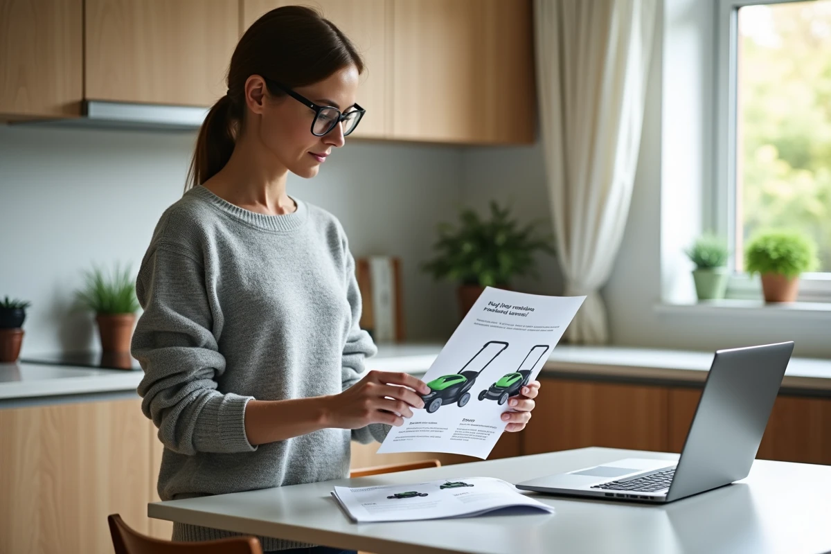 Femme comparant les prix et les offres d'installation de robots tondeuses sur un site web