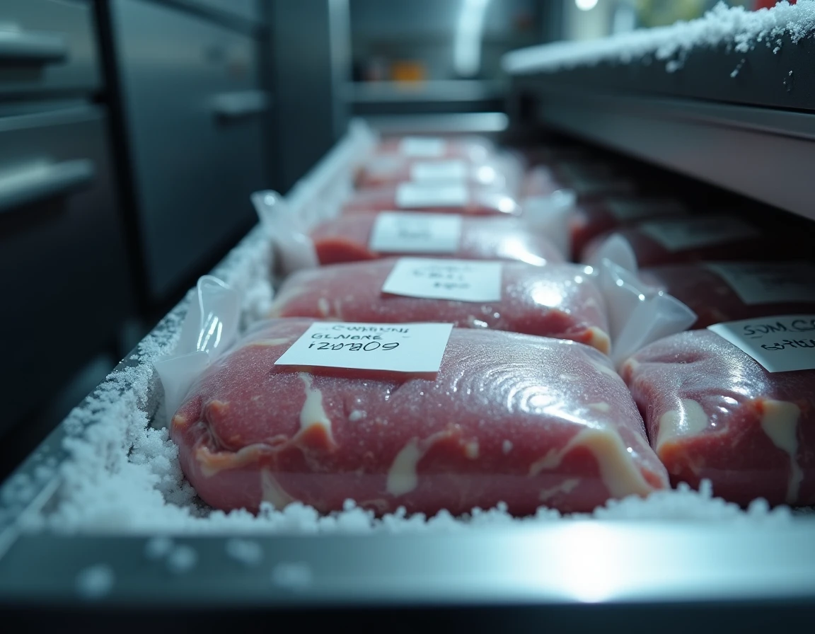 Congélateur ouvert avec des sachets sous vide étiquetés contenant des abats de mouton correctement stockés