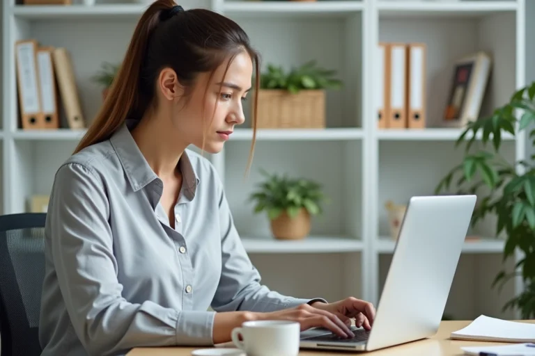 Femme connectée à son compte Arkevia sur un ordinateur portable dans un bureau à domicile