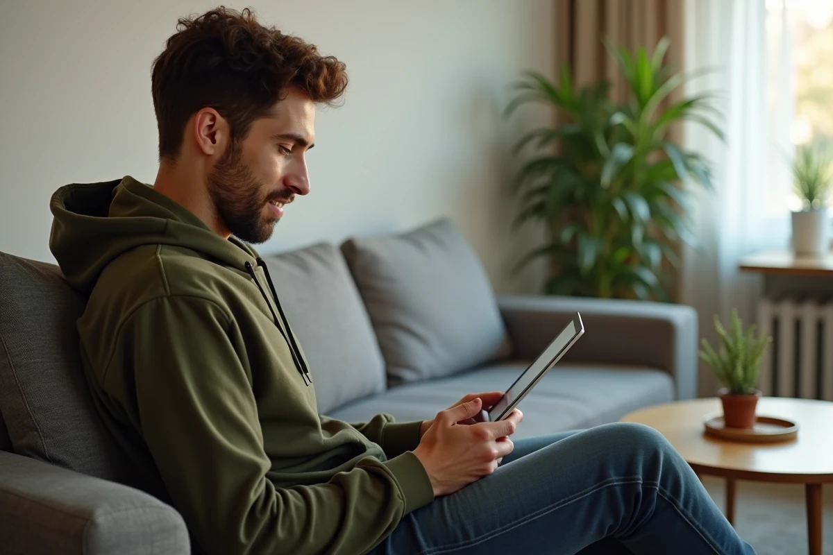 Personne consultant ses documents Arkevia sur une tablette numérique depuis son salon