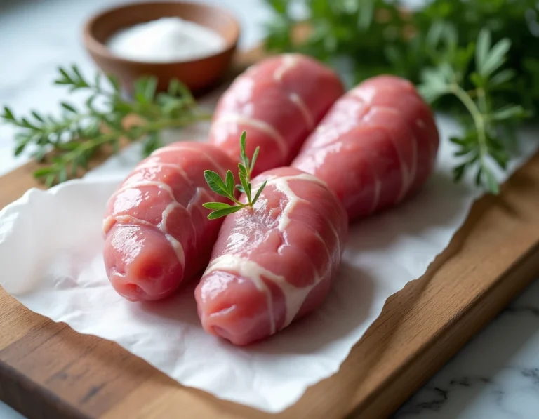 Couilles de mouton crues sur papier boucher avec thym frais et sel de mer, prêtes à être congelées