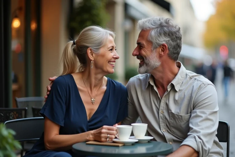 Couple amoureux partageant un café en terrasse à Paris dans une ambiance romantique automnale