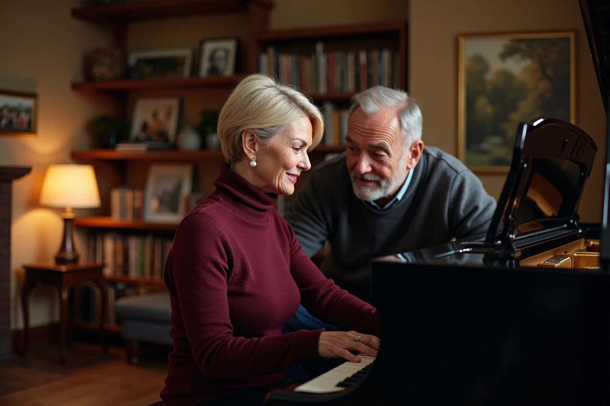 Femme jouant du piano dans un salon chaleureux avec son compagnon admiratif dans une scène de complicité amoureuse