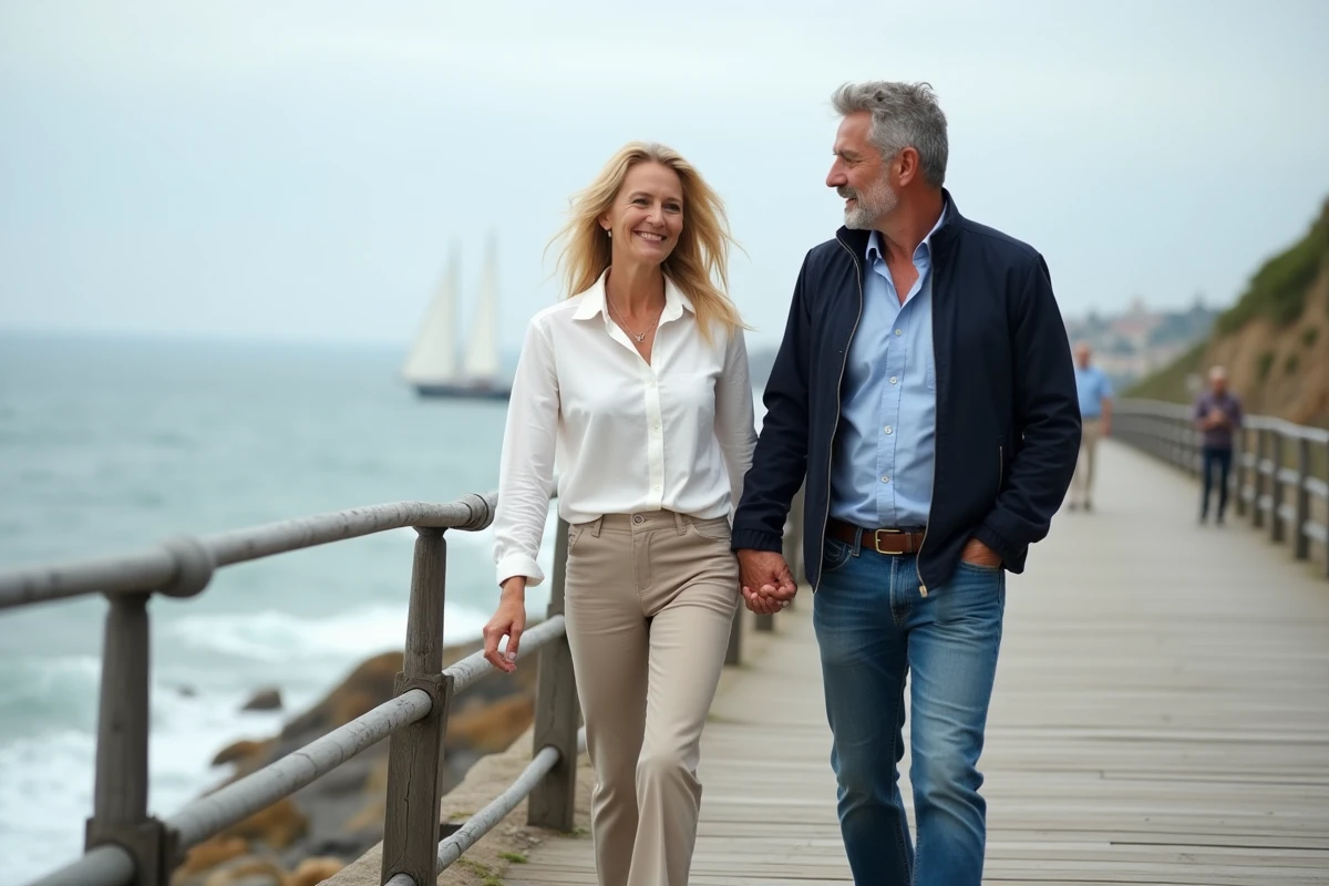 Couple élégant marchant main dans la main sur une promenade en bord de mer dans une atmosphère romantique