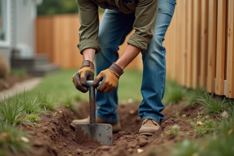 Homme utilisant un tire-bouchon manuel pour creuser un trou pour poteau de clôture dans un jardin