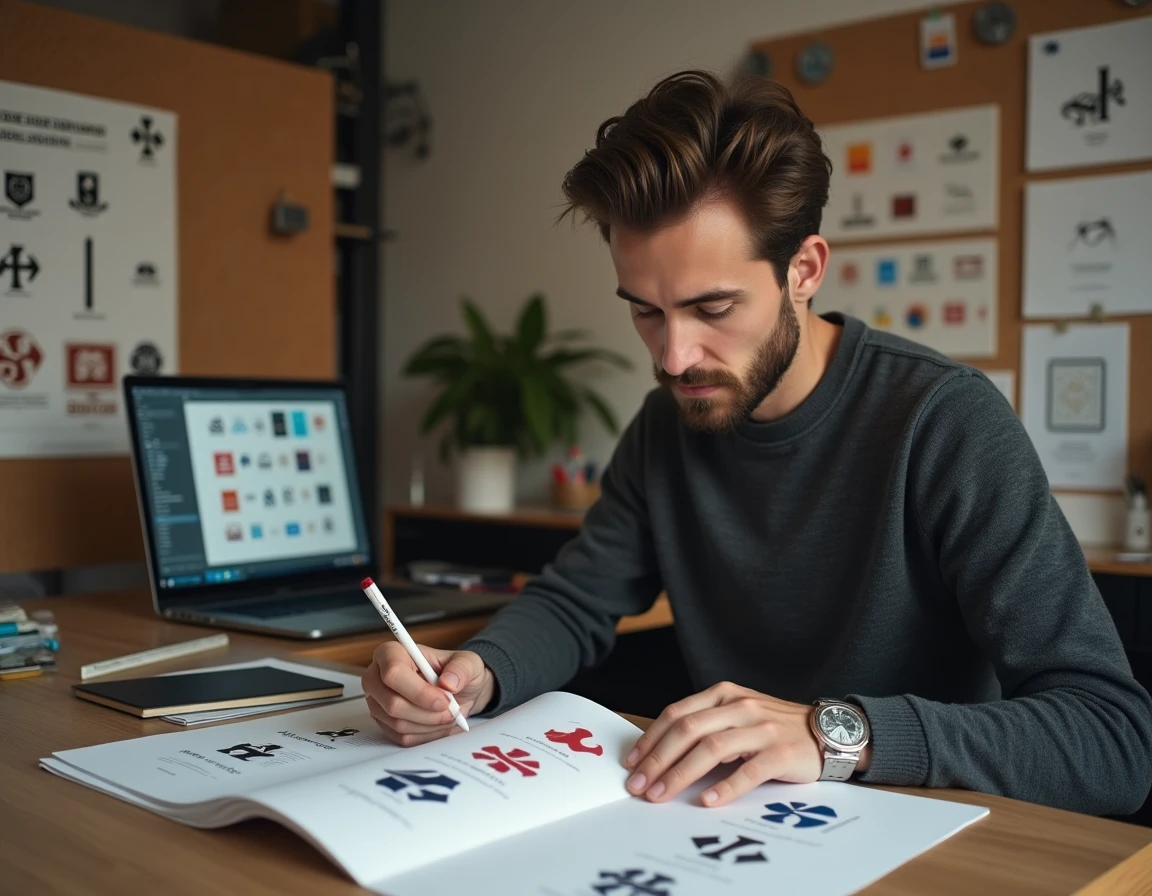 Designer graphique étudiant l'évolution historique du logo Carrefour avec des documents imprimés et des références visuelles épinglées sur un tableau
