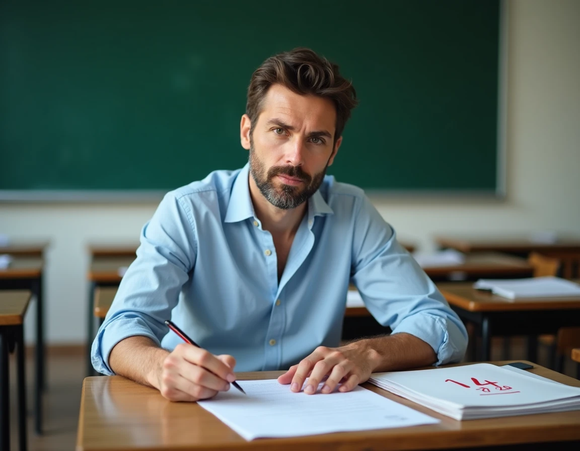 Enseignant corrigeant des copies avec une note de 14 sur 20 visible dans une salle de classe française