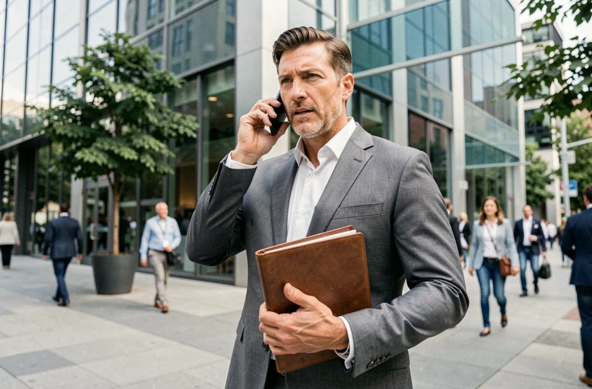 Entrepreneur en costume devant un immeuble moderne tenant un portfolio et téléphonant dans un contexte urbain