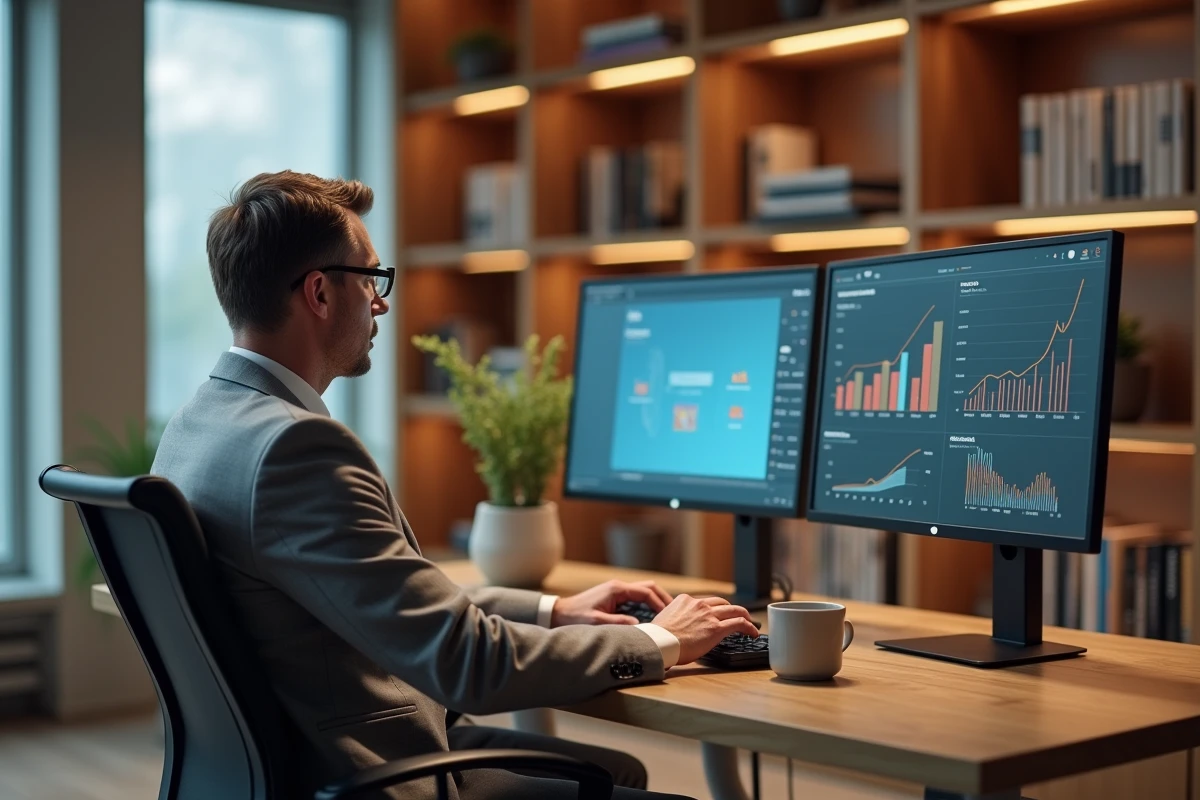 Entrepreneur masculin concentré sur des tableaux de bord analytiques dans un bureau exécutif minimaliste pour développer son activité