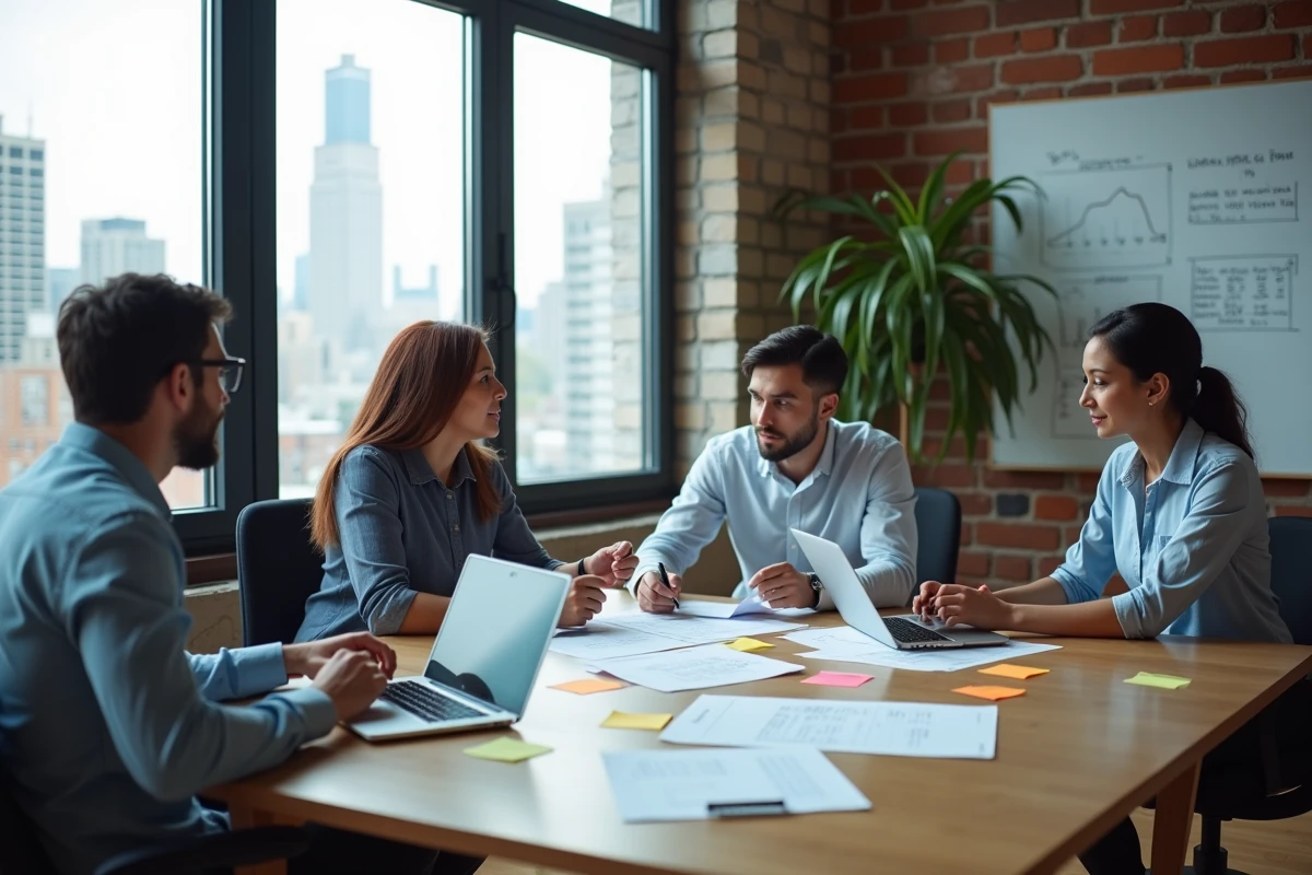 Équipe de professionnels en réunion de stratégie d'entreprise autour d'une table de conférence avec des graphiques et ordinateurs