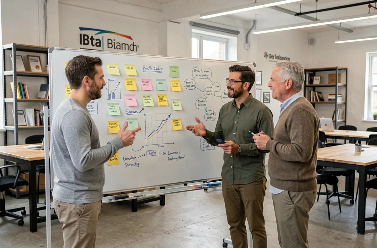 Équipe de professionnels collaborant sur une stratégie de croissance autour d'un tableau blanc en espace de coworking