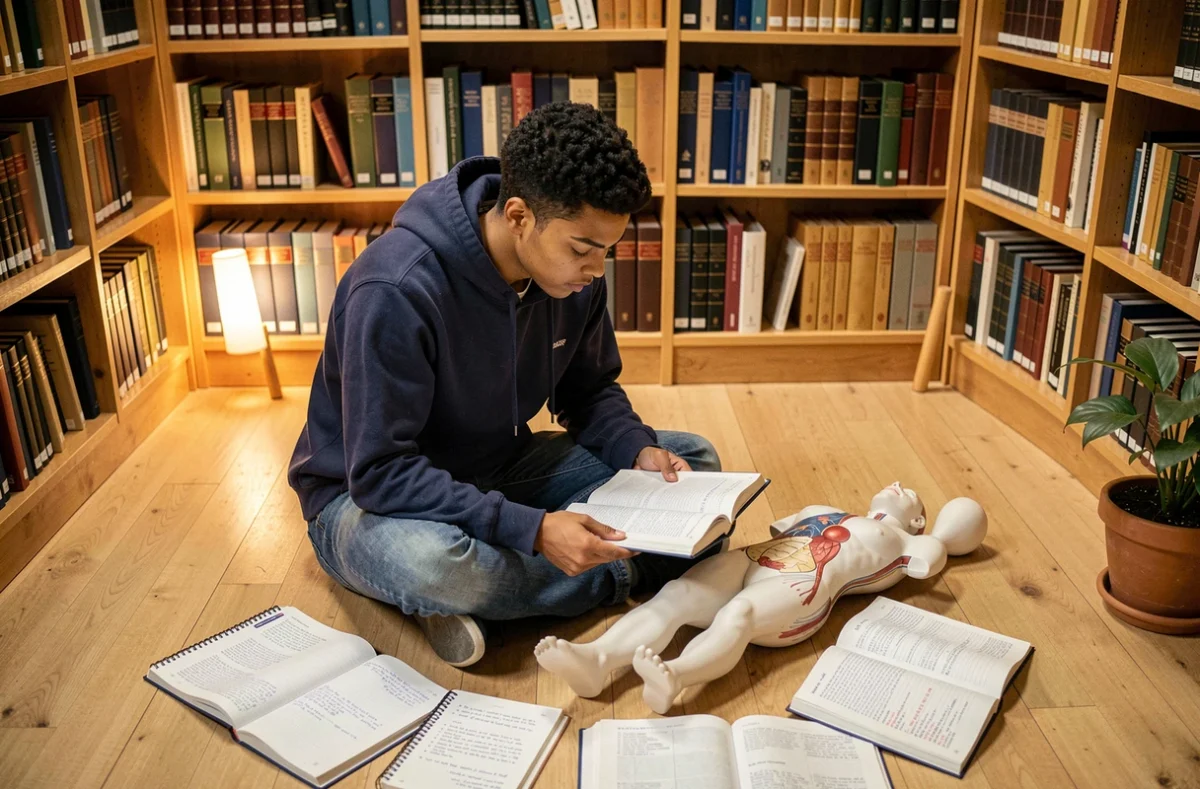 Étudiant assis par terre dans une bibliothèque universitaire étudiant les parties du corps humain avec des livres d'anatomie et un modèle corporel