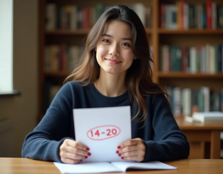Étudiante tenant une copie notée 14 sur 20 dans une bibliothèque universitaire, expression pensive et nuancée