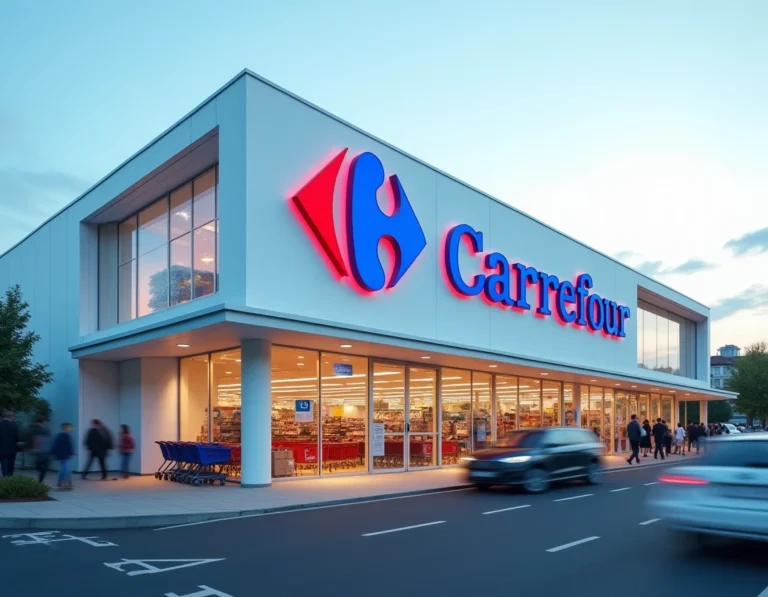 Façade extérieure d'un supermarché Carrefour avec le logo rouge et bleu emblématique affiché en grand sur le bâtiment
