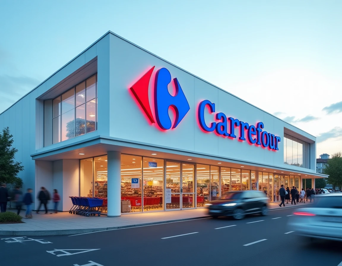 Façade extérieure d'un supermarché Carrefour avec le logo rouge et bleu emblématique affiché en grand sur le bâtiment