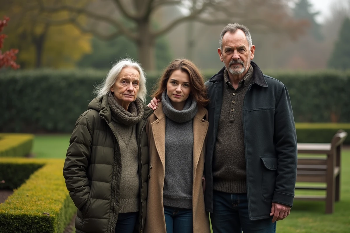 Trois membres de la famille dans un jardin paisible