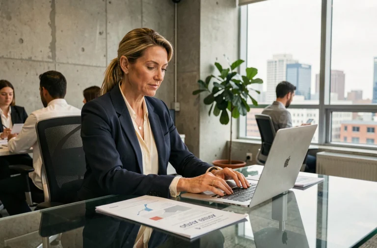Femme d'affaires analysant des rapports de croissance dans un bureau moderne avec vue sur la ville