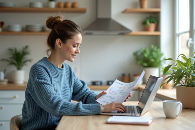 Femme assise à la cuisine avec ordinateur et plan