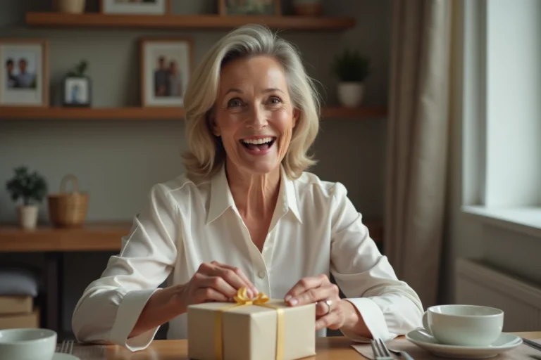 Femme souriante ouvrant un cadeau dans un intérieur chaleureux