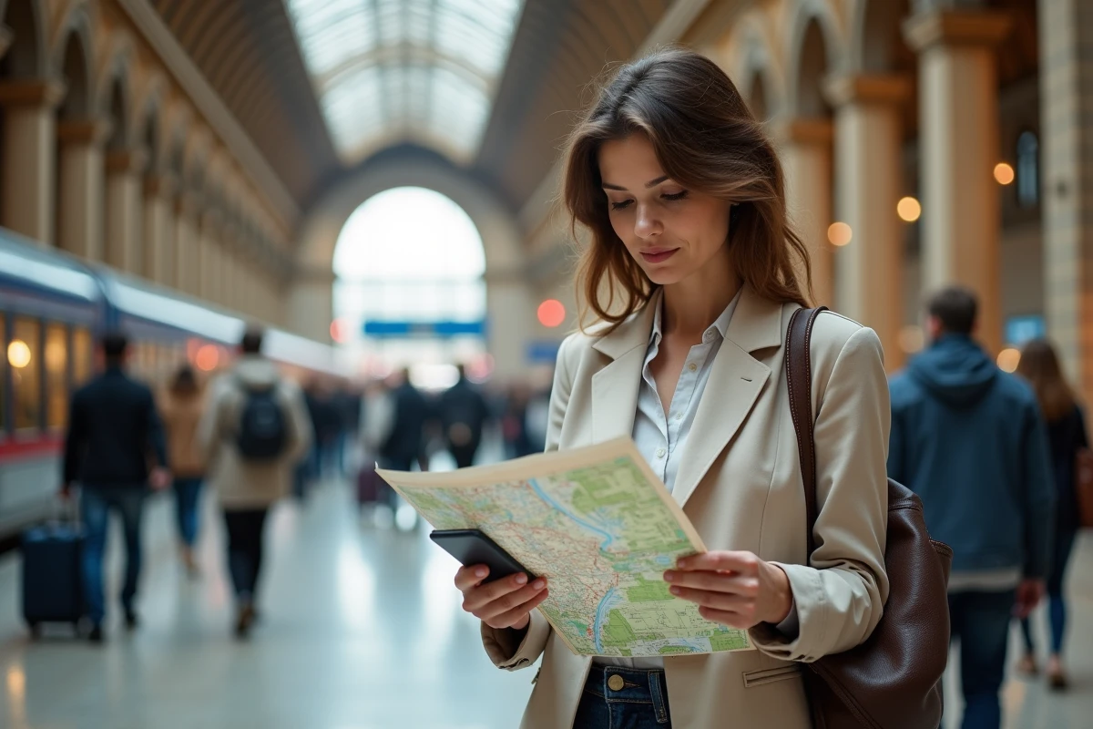 Femme consultant une carte et un smartphone dans une gare européenne pour organiser ses transports de voyage