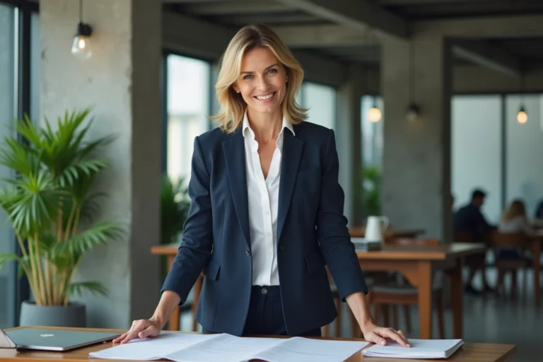 Femme cheffe d'entreprise en blazer marine consultant des documents dans un bureau moderne en 2024