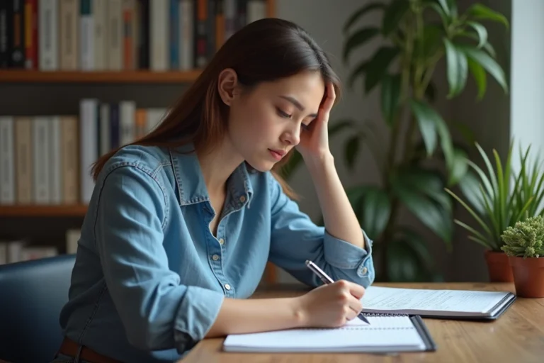 Jeune femme concentrée écrivant dans un bureau à domicile