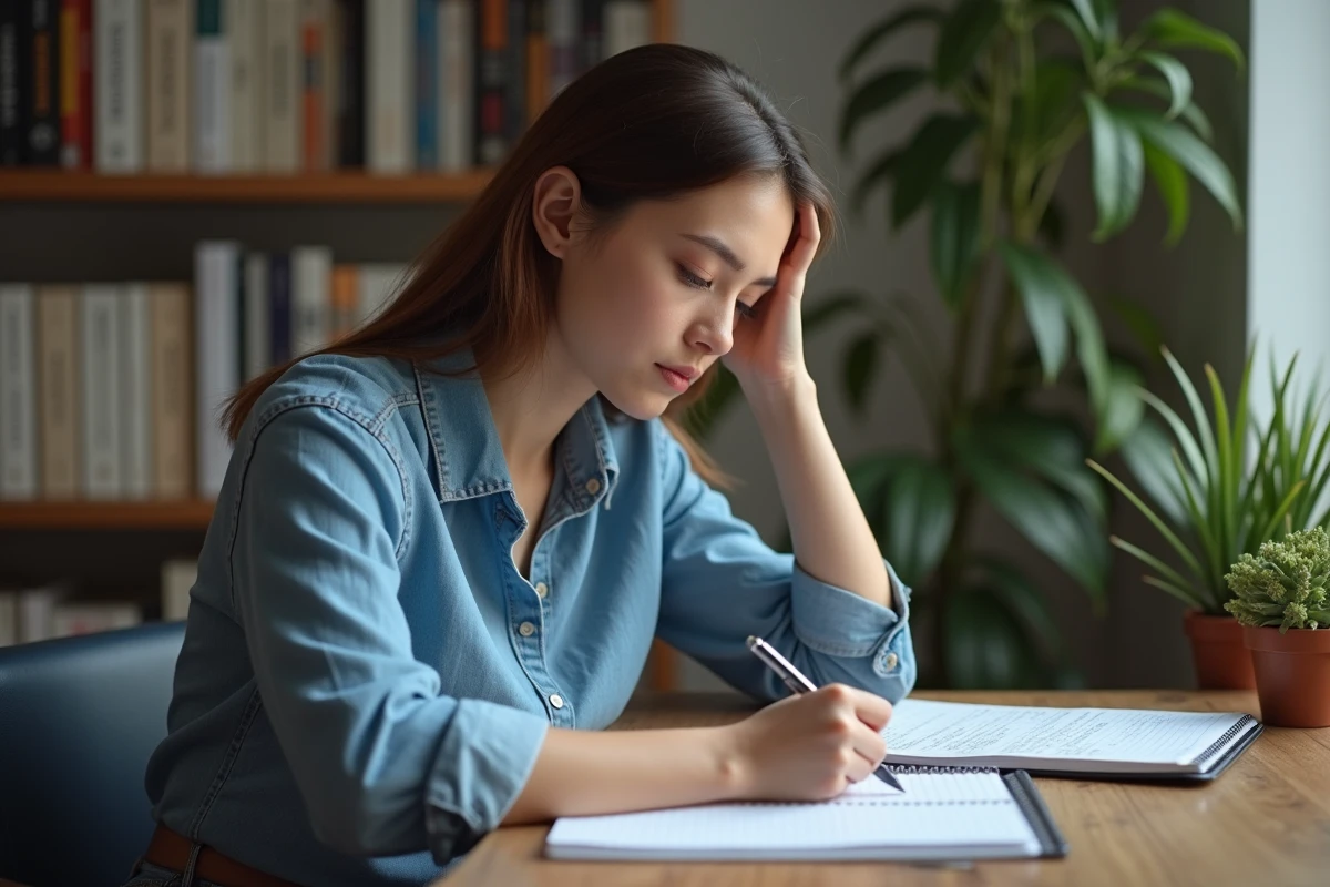 Jeune femme concentrée écrivant dans un bureau à domicile