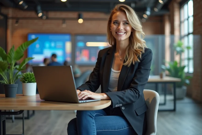 Femme confiante au bureau avec équipe digitale