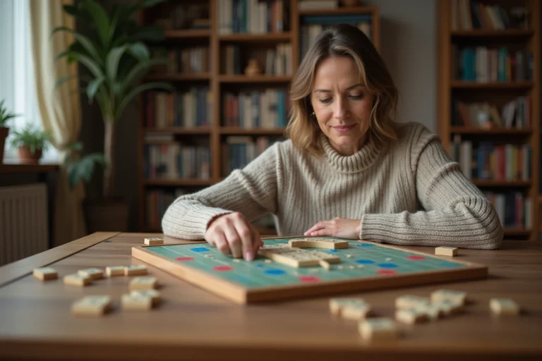 Femme posant une tuile Scrabble sur un plateau de jeu en bois, vue plongeante sur des lettres formant des mots courts