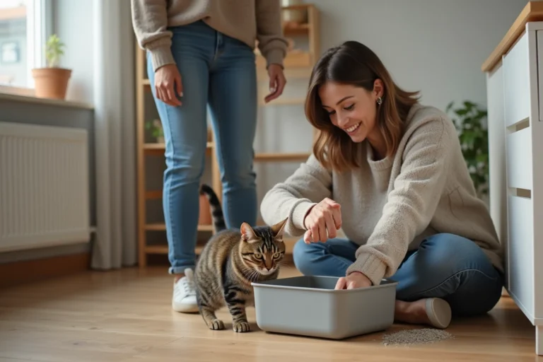 Jeune femme versant de la litière dans une boîte à chat moderne
