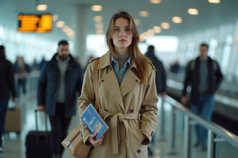 Femme avec passeport dans un aéroport animé