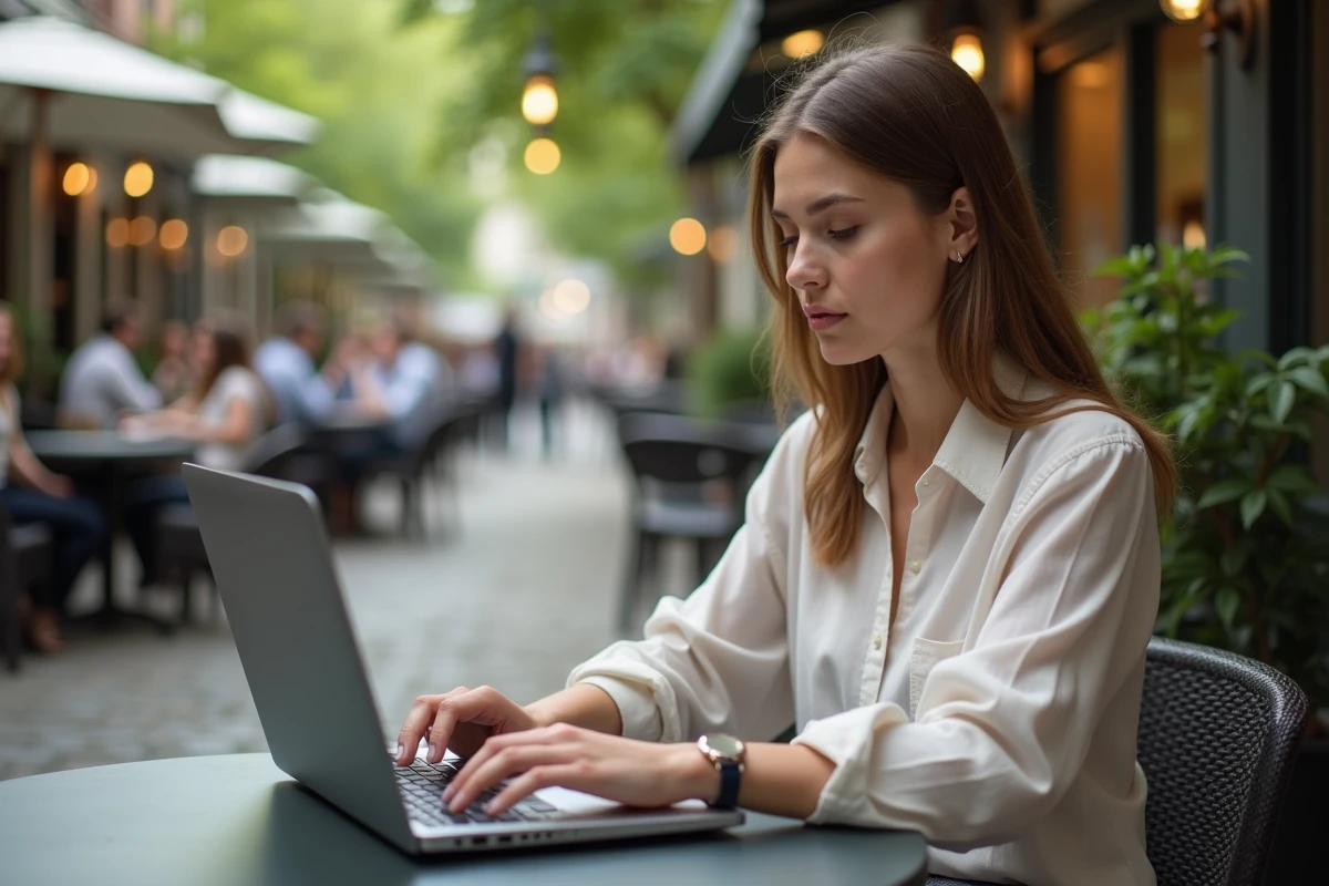 Jeune femme professionnelle utilise un ordinateur dans un café en plein air