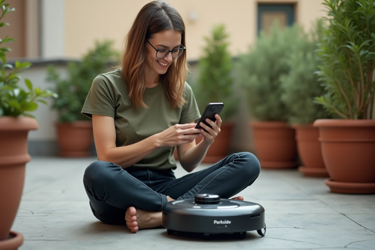 Femme consultant son téléphone pour réinitialiser un robot tondeuse Parkside sur une terrasse urbaine