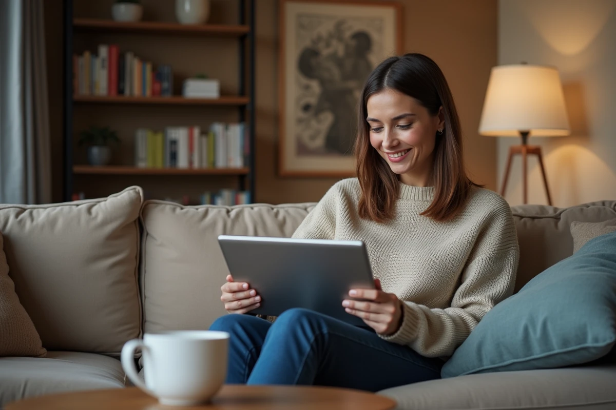 Femme souriante utilisant une tablette dans un salon cosy