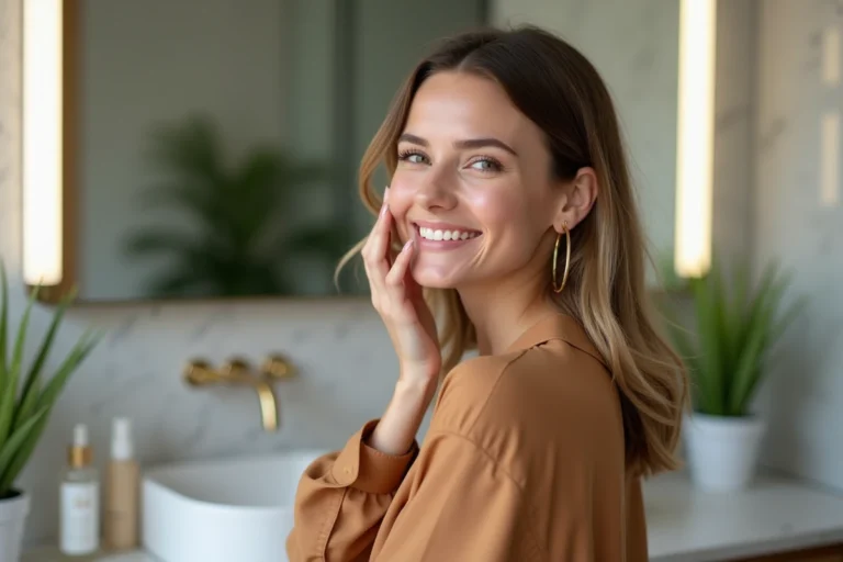Femme appliquant un serum visage dans une salle de bain moderne