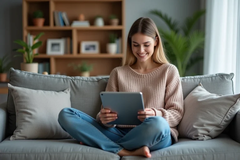 Femme détendue regardant une tablette dans un salon moderne