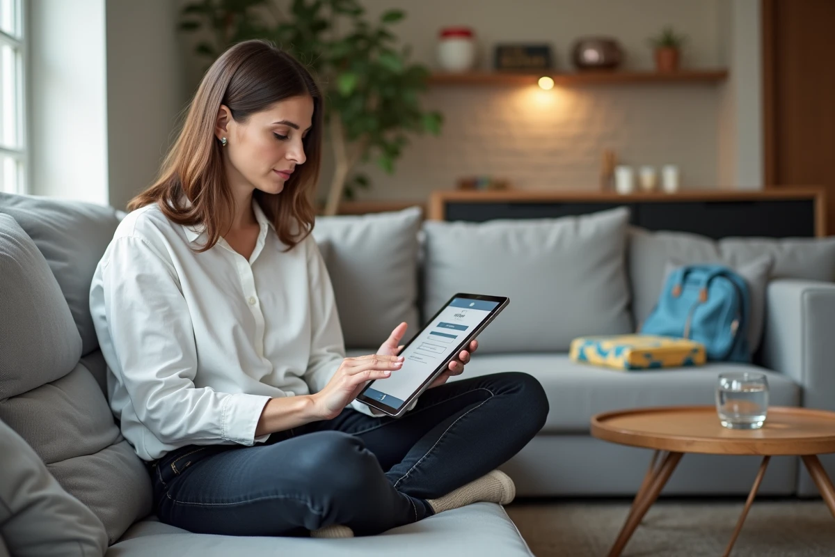 Femme utilisant une tablette pour accéder à maclasse 2023.fr via le Club des Parents depuis son salon