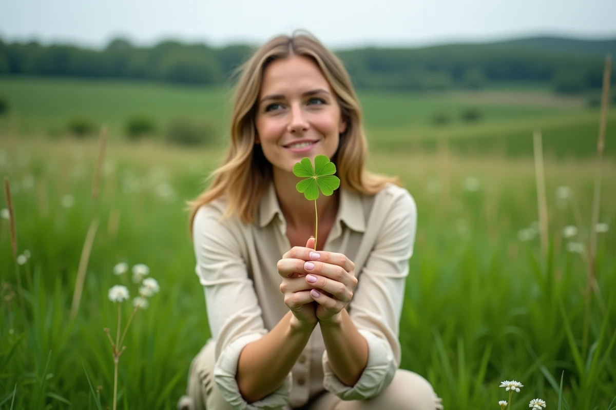 Femme tenant un trèfle à 7 feuilles dans une prairie verte, expression d'émerveillement naturelle