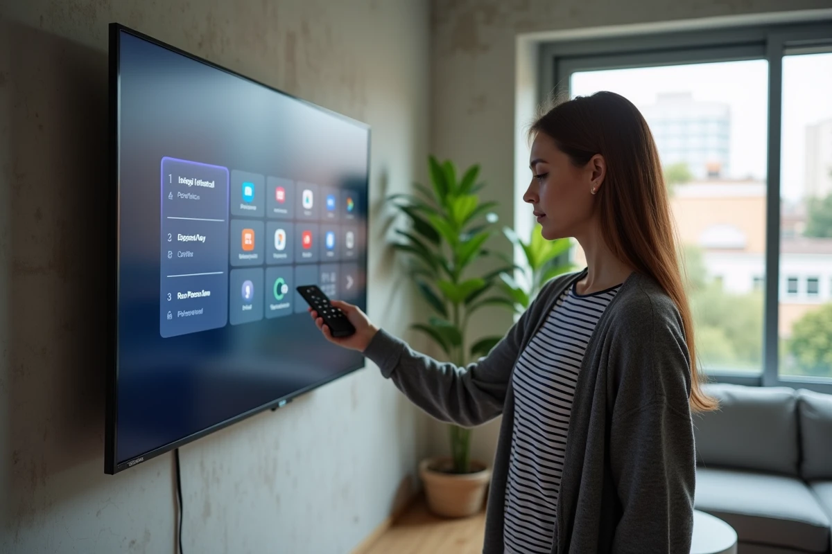 Jeune femme utilise la télécommande pour naviguer sur la TV