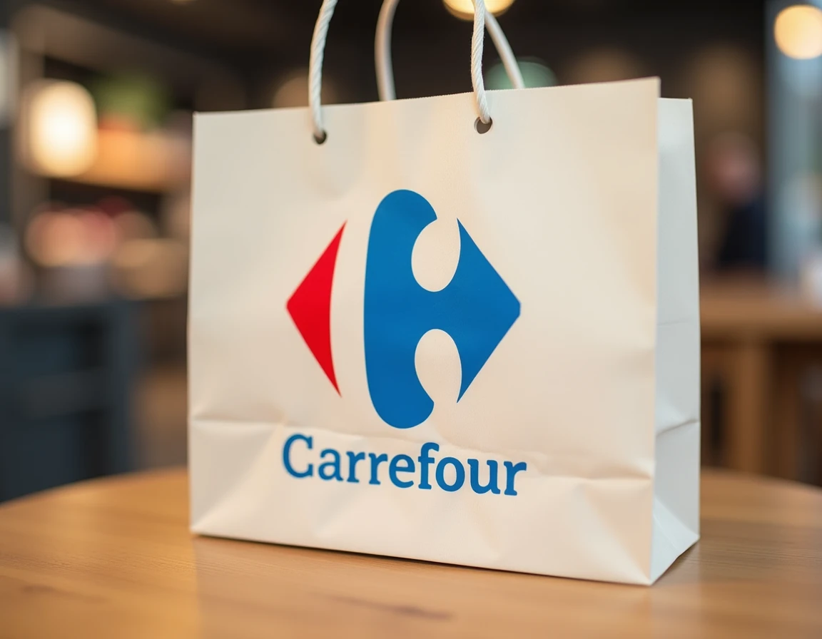 Gros plan sur le logo Carrefour imprimé sur un sac shopping, révélant le C caché dans l'espace négatif entre les flèches rouge et bleue