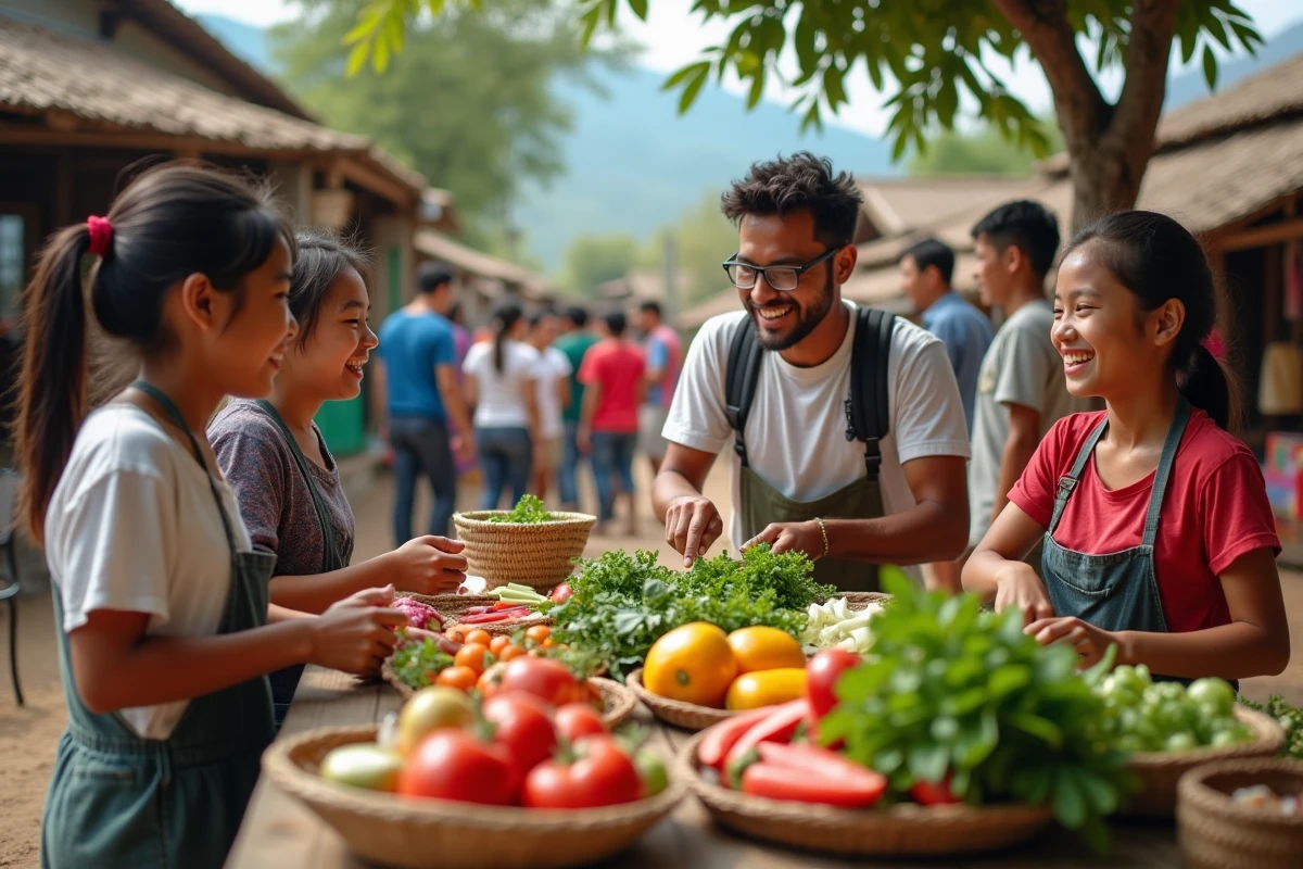 Groupe de jeunes et un homme préparant des produits frais au marché