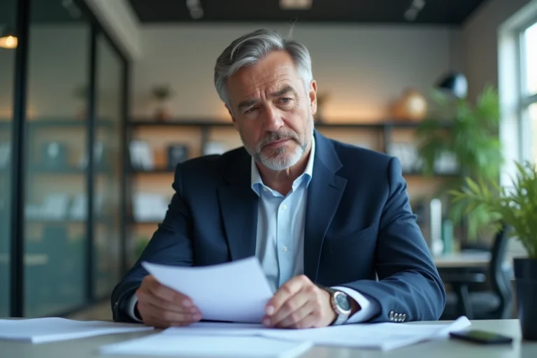 Homme d'affaires en costume bleu lit des documents dans un bureau moderne